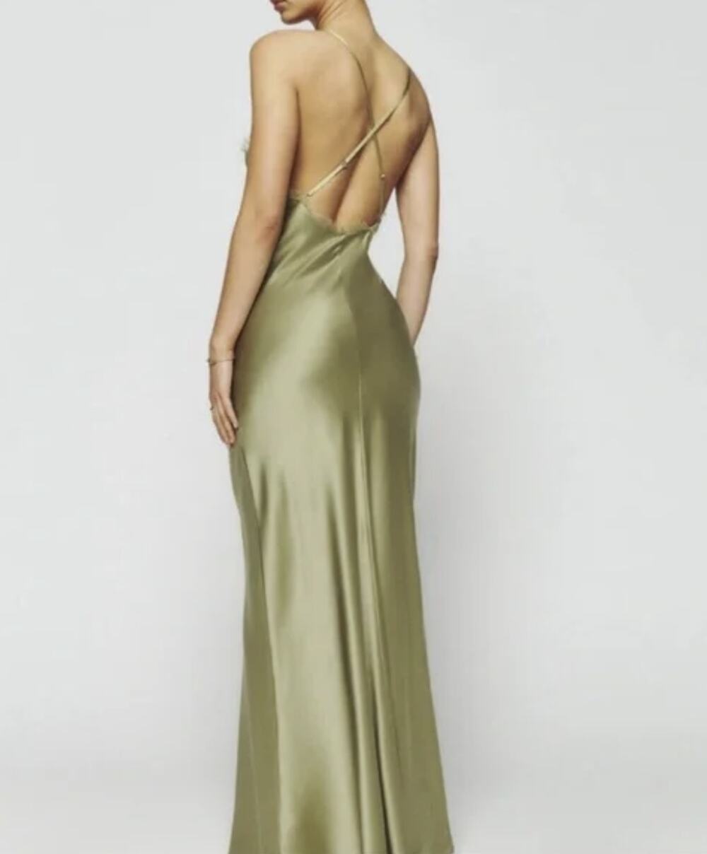 NWT Reformation Maysen Silk Formal Maxi Dress Olive Oil Green